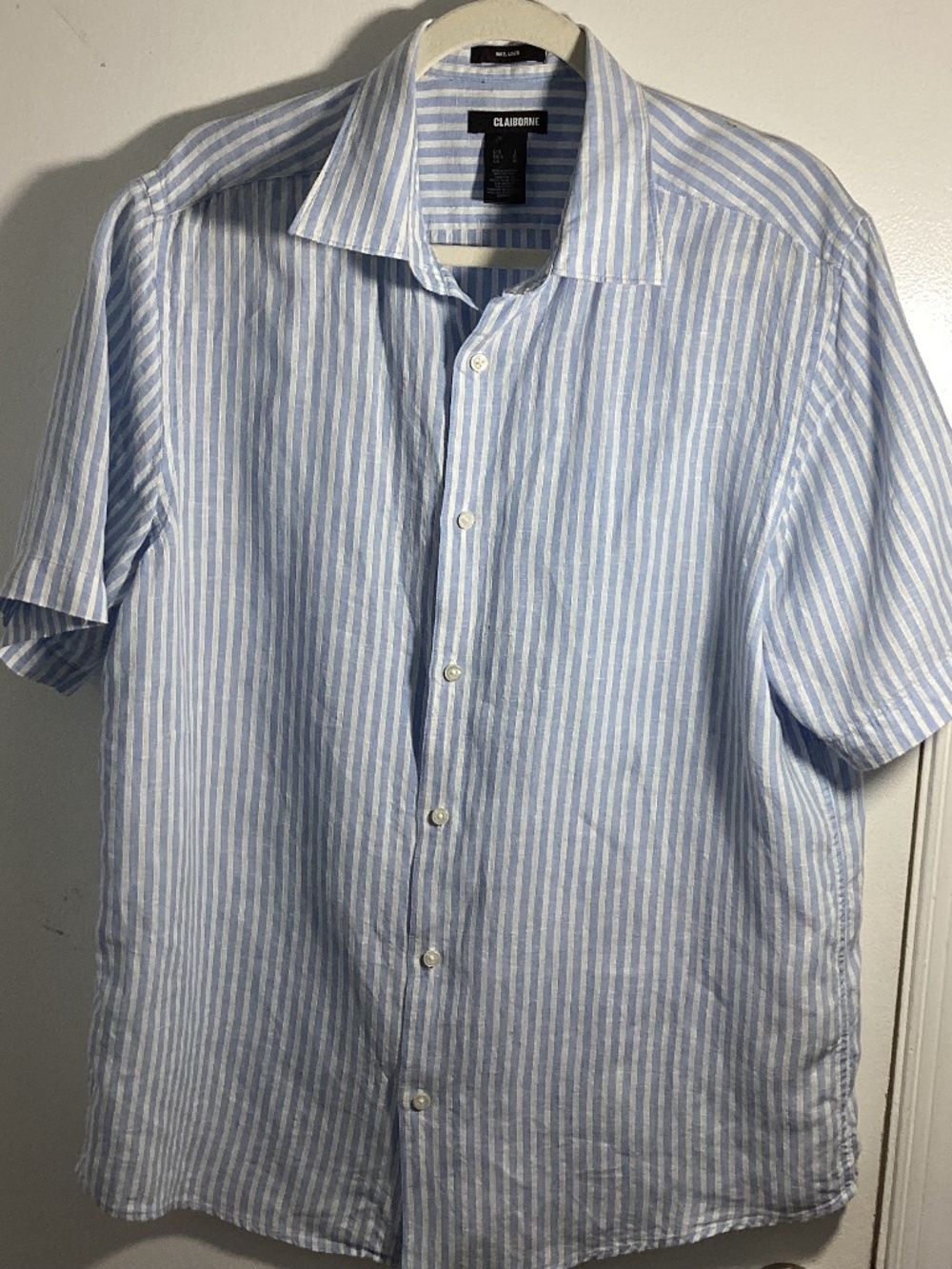 Y2K CLAIBORNE MEN'S SIZE LARGE 100% LINEN SHORT SLEEVE SHIRT BLUE WHITE STRIPES